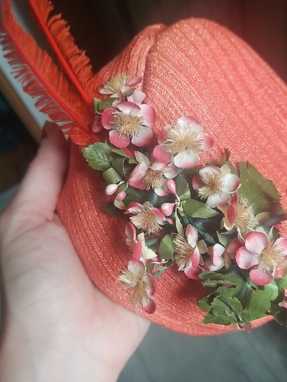 Vintage Tangerine Orange Floral Feather Pillbox Hat